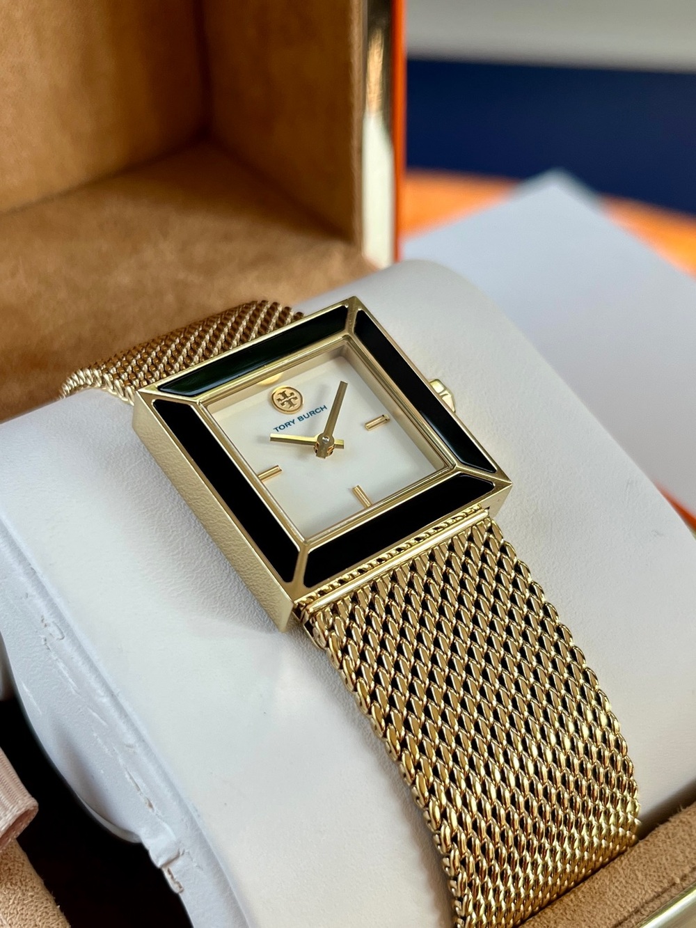 Tory Burch “Sawyer” Gold-Plated Mesh & Onyx Watch **NEEDS BATTERY